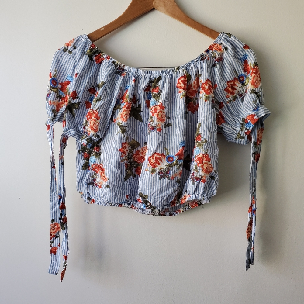 Haute Project Puff Sleeve Floral Striped Crop Top